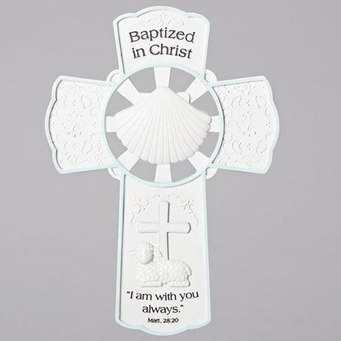 Shell Center Baptism Wall Cross - Boy - Gerken's Religious Supplies