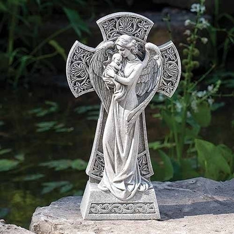 13" Cross with Angel Holding Baby Garden Statue - Gerken's Religious Supplies