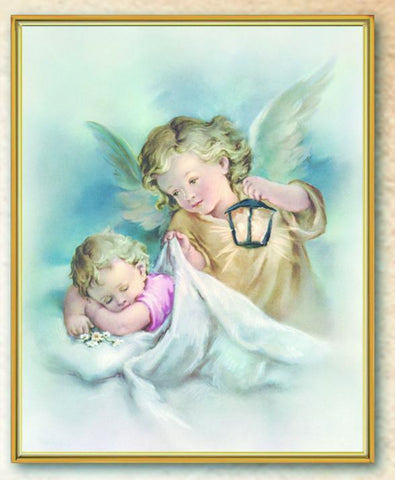 Guardian Angel with Lantern Framed Plaque - 8" X 10" - Gerken's Religious Supplies