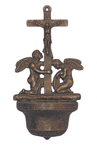 Crucifixion Font with Angels in Antique Brass 12.25" - Gerken's Religious Supplies