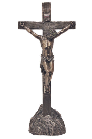Crucifix on Rock in Cold Cast Bronze 13" - Gerken's Religious Supplies