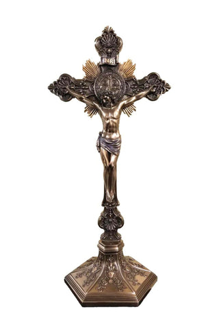Standing St. Benedict Crucifix in  Bronze 9.5" - Gerken's Religious Supplies