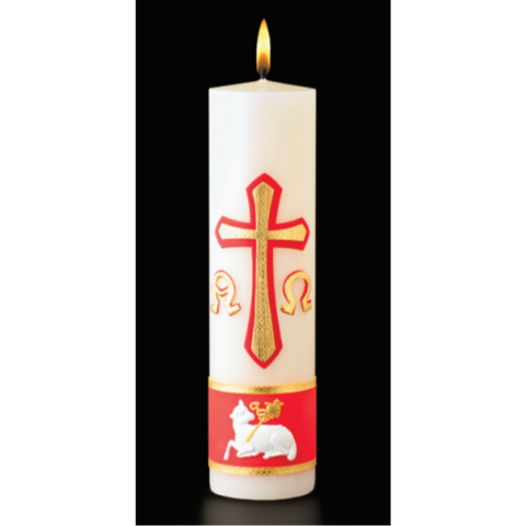 Cross, Alpha & Omega & Agnus Dei Cirios Candle 2-1/2" X 9-1/2" - Gerken's Religious Supplies