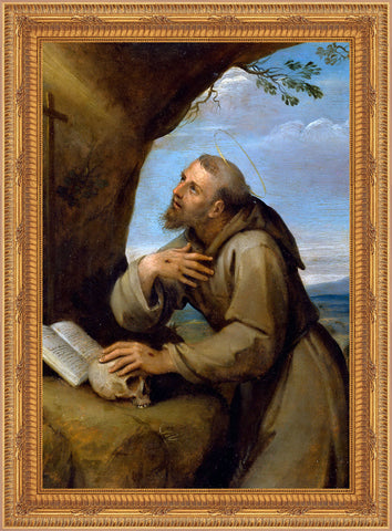 Saint Francis of Assisi Praying before a Crucifix Framed Image 16" x 19" - Gerken's Religious Supplies