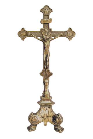 Double Sided Standing Crucifix in Shiny Brass 13" - Gerken's Religious Supplies