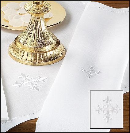 Fleur-De-Lis White Cross Purificator - 100% Linen - Gerken's Religious Supplies