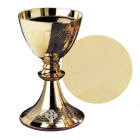 Etched Celtic Cross Chalice with Paten - Gerken's Religious Supplies