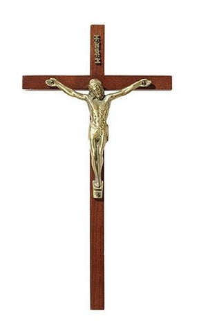 10" Maple Finish Crucifix with Antique Gold-Plated Corpus - Gerken's Religious Supplies