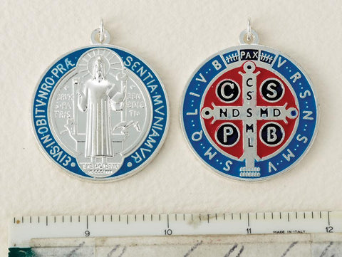 Silver, Blue and Red St. Benedict Medal - Large - Gerken's Religious Supplies