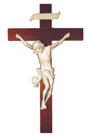 Crucifix in White on Wood Cross 14" - Gerken's Religious Supplies