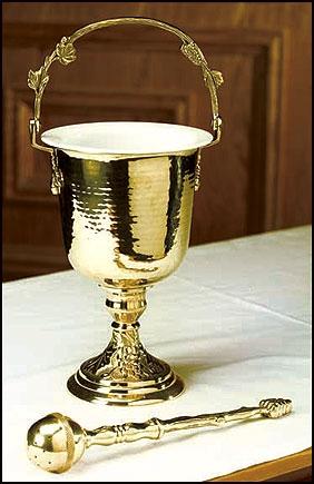 Hammered Holy Water Pot & Sprinkler - Brass - Gerken's Religious Supplies