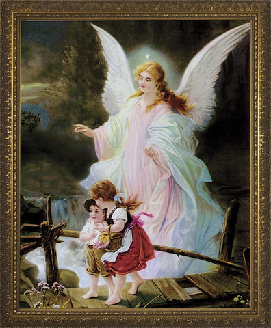 Angel on the Perilous Bridge - Standard Gold Framed Art - 8" X 10" - Gerken's Religious Supplies