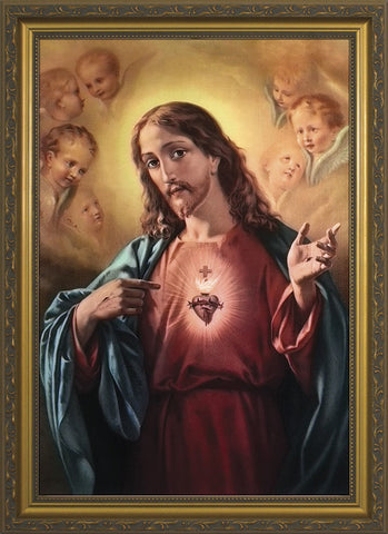 Sacred Heart of Jesus Surrounded by Angels Framed Art - 7" X 10" - Gerken's Religious Supplies