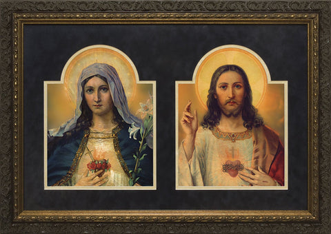 Antique Sacred & Immaculate Hearts Framed Art - 16" X 24" - Gerken's Religious Supplies
