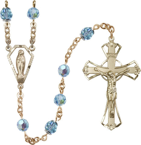 6mm Aqua Swarovski, Austrian Tin Cut Aurora Borealis Rosary - Gerken's Religious Supplies