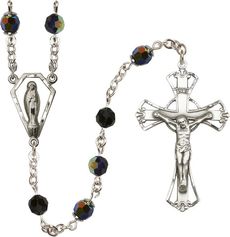 6mm Jet Swarovski, Austrian Tin Cut Aurora Borealis Rosary - Gerken's Religious Supplies