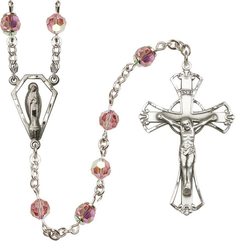 6mm Light Rose Swarovski, Austrian Tin Cut Aurora Borealis Rosary - Gerken's Religious Supplies