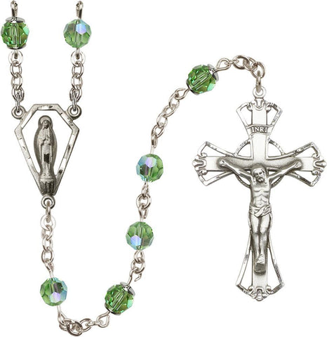 6mm Peridot Swarovski, Austrian Tin Cut Aurora Borealis Rosary - Gerken's Religious Supplies