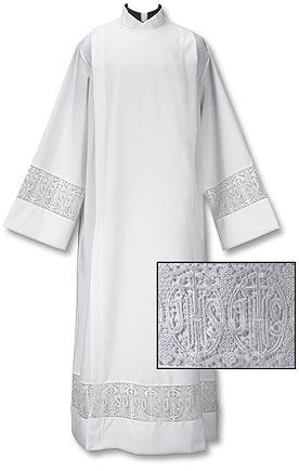 Front Wrap Alb with Latin Cross & IHS Lace Insert - Gerken's Religious Supplies