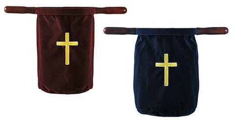 Velvet Offering Bag with Wood Handles & Cross Design - Gerken's Religious Supplies